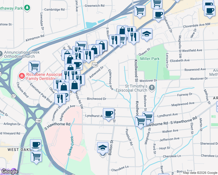 map of restaurants, bars, coffee shops, grocery stores, and more near 748 Elderwood Avenue in Winston-Salem