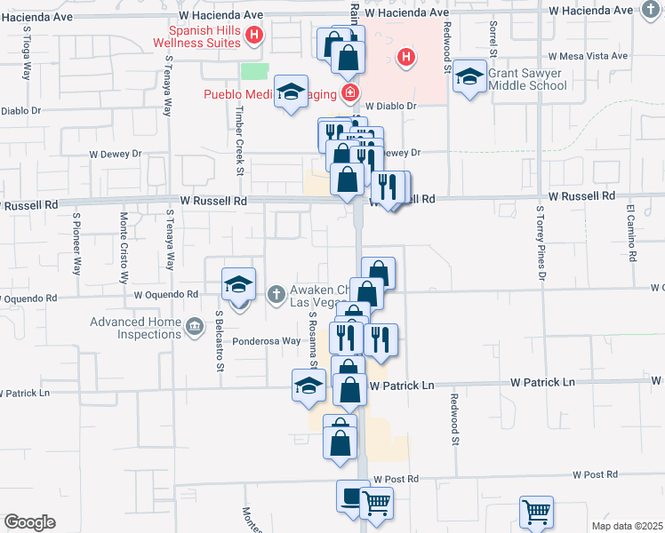 map of restaurants, bars, coffee shops, grocery stores, and more near 5875 South Rainbow Boulevard in Las Vegas