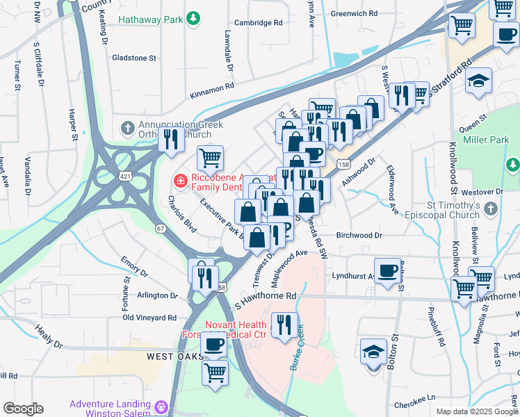 map of restaurants, bars, coffee shops, grocery stores, and more near 406 Harvey St in Winston-Salem