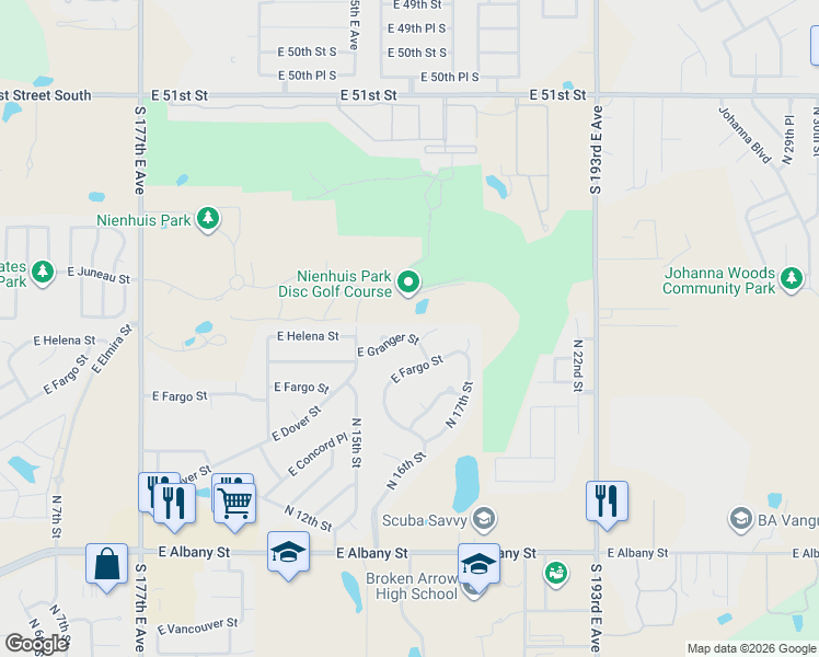map of restaurants, bars, coffee shops, grocery stores, and more near 1632 East Granger Street in Broken Arrow