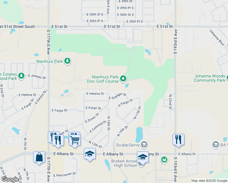 map of restaurants, bars, coffee shops, grocery stores, and more near 1612 East Granger Street in Broken Arrow