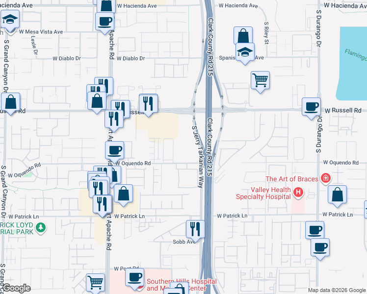map of restaurants, bars, coffee shops, grocery stores, and more near 9133 West Russell Road in Las Vegas