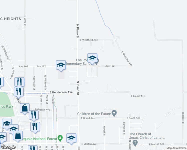 map of restaurants, bars, coffee shops, grocery stores, and more near 530 East Olivewood Avenue in Porterville