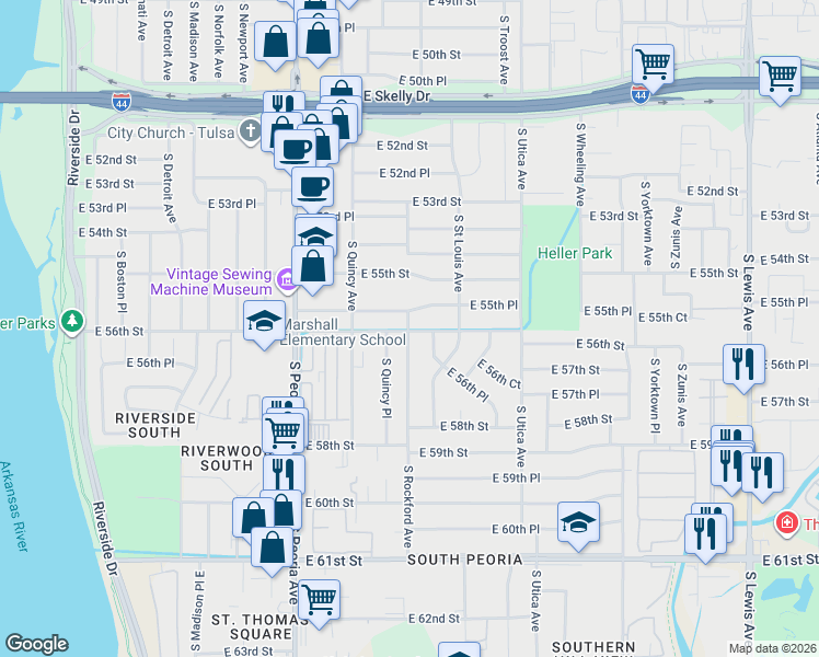 map of restaurants, bars, coffee shops, grocery stores, and more near 1505 South Rockford Avenue in Tulsa