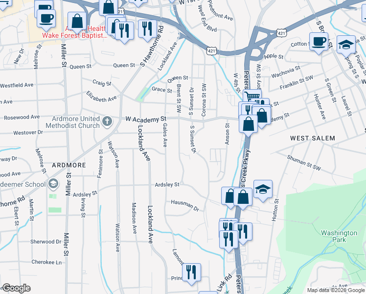 map of restaurants, bars, coffee shops, grocery stores, and more near 659 Brent Street in Winston-Salem