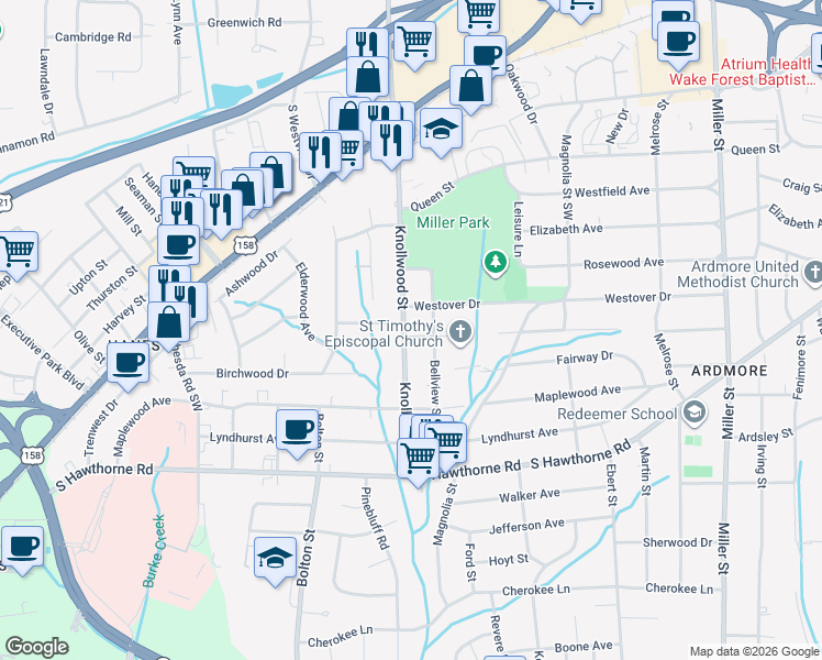 map of restaurants, bars, coffee shops, grocery stores, and more near 719 Knollwood Street in Winston-Salem
