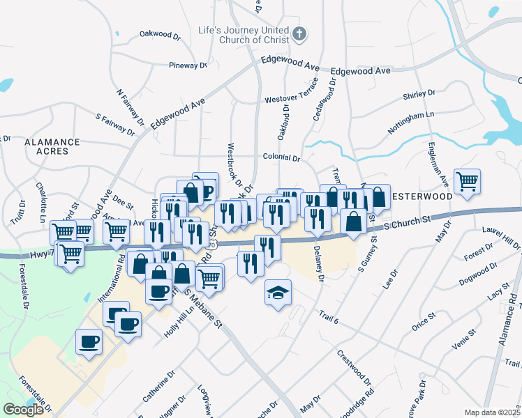 map of restaurants, bars, coffee shops, grocery stores, and more near 508 Shadowbrook Court in Burlington