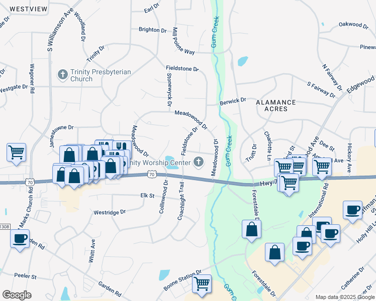 map of restaurants, bars, coffee shops, grocery stores, and more near 3233 Hiddenwood Lane in Burlington