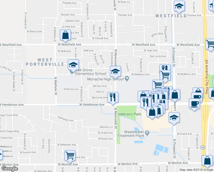 map of restaurants, bars, coffee shops, grocery stores, and more near 1135 Bel Aire Avenue in Porterville