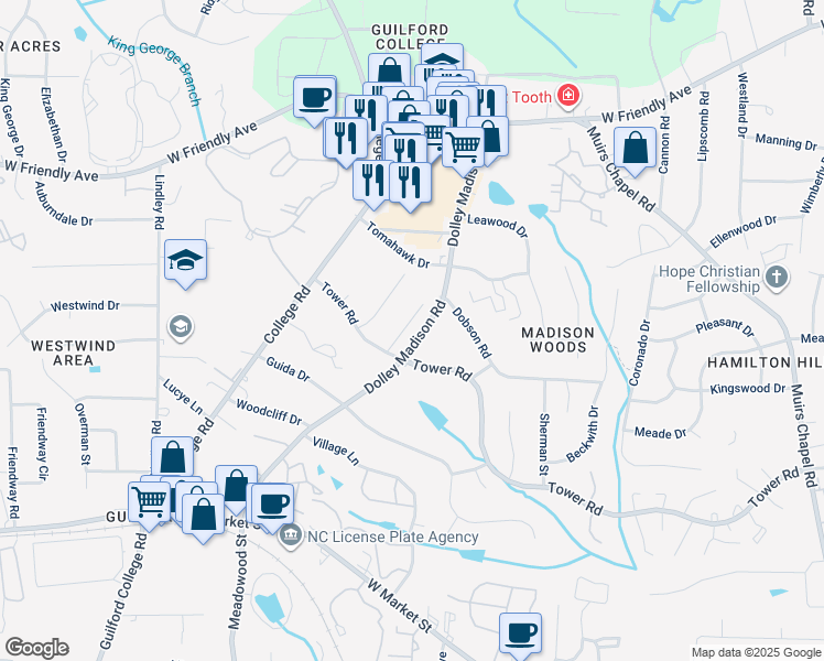 map of restaurants, bars, coffee shops, grocery stores, and more near 306 Tower Lane in Greensboro