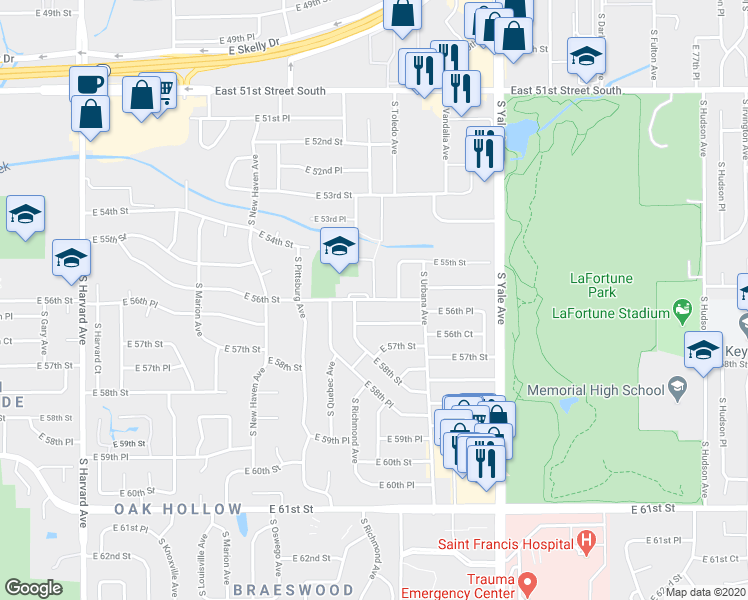 map of restaurants, bars, coffee shops, grocery stores, and more near 5598 South Toledo Avenue in Tulsa