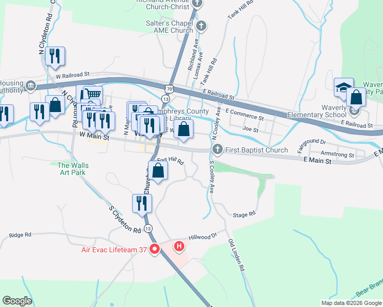 map of restaurants, bars, coffee shops, grocery stores, and more near 210 East Main Street in Waverly