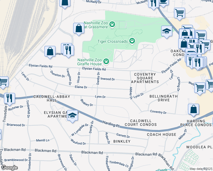 map of restaurants, bars, coffee shops, grocery stores, and more near 522 Elaine Drive in Nashville