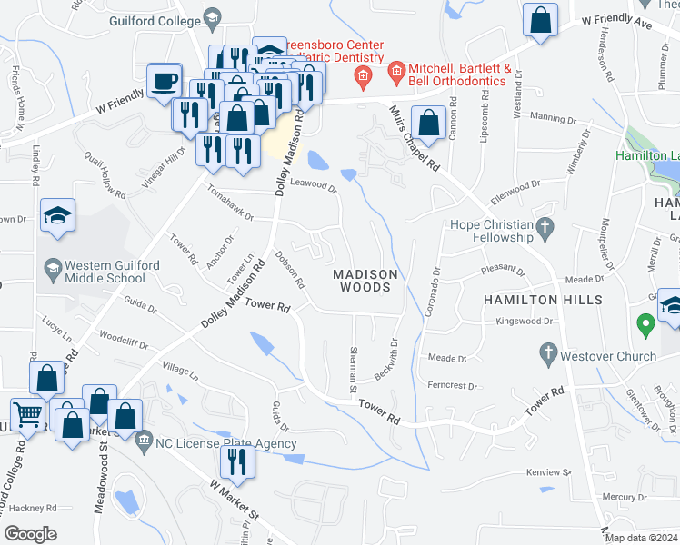 map of restaurants, bars, coffee shops, grocery stores, and more near 4 Leawood Court in Greensboro