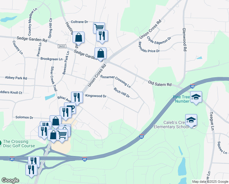 map of restaurants, bars, coffee shops, grocery stores, and more near 1150 Birch Hill Drive in Kernersville