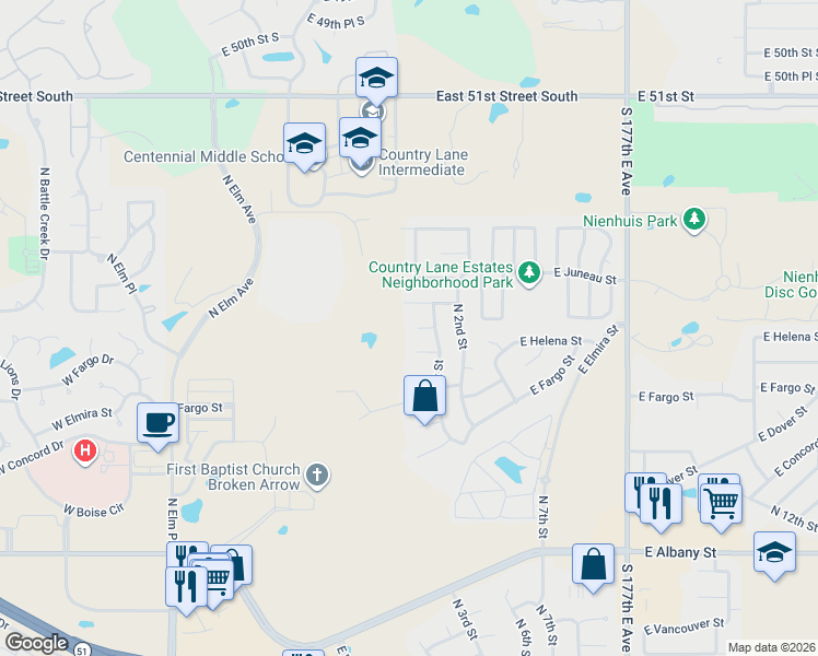 map of restaurants, bars, coffee shops, grocery stores, and more near 103 East Helena Place in Broken Arrow