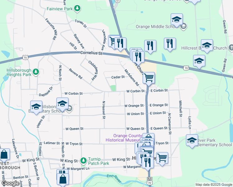 map of restaurants, bars, coffee shops, grocery stores, and more near 102 East Queen Street in Hillsborough