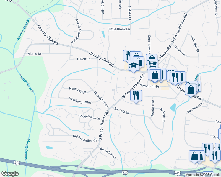 map of restaurants, bars, coffee shops, grocery stores, and more near 183 Heatherton Way in Winston-Salem