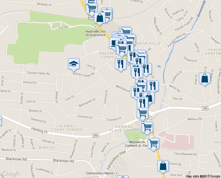 map of restaurants, bars, coffee shops, grocery stores, and more near 4836 Corning Drive in Nashville
