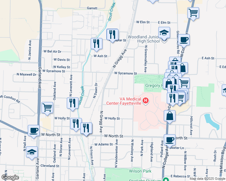 map of restaurants, bars, coffee shops, grocery stores, and more near 470 West Spruce Street in Fayetteville