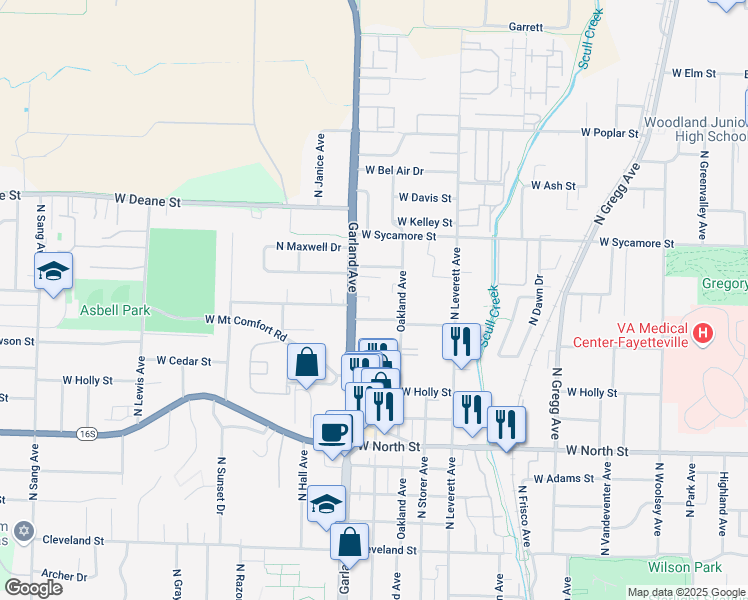map of restaurants, bars, coffee shops, grocery stores, and more near 1528 Garland Avenue in Fayetteville