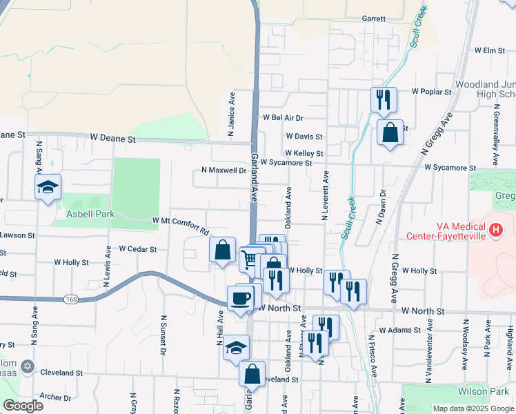 map of restaurants, bars, coffee shops, grocery stores, and more near 1528 Garland Avenue in Fayetteville