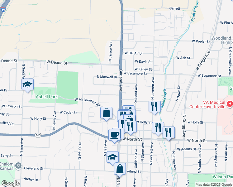 map of restaurants, bars, coffee shops, grocery stores, and more near 1158 West Hendrix Street in Fayetteville