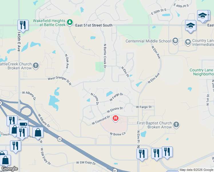 map of restaurants, bars, coffee shops, grocery stores, and more near 1012 West Fargo Lane in Broken Arrow