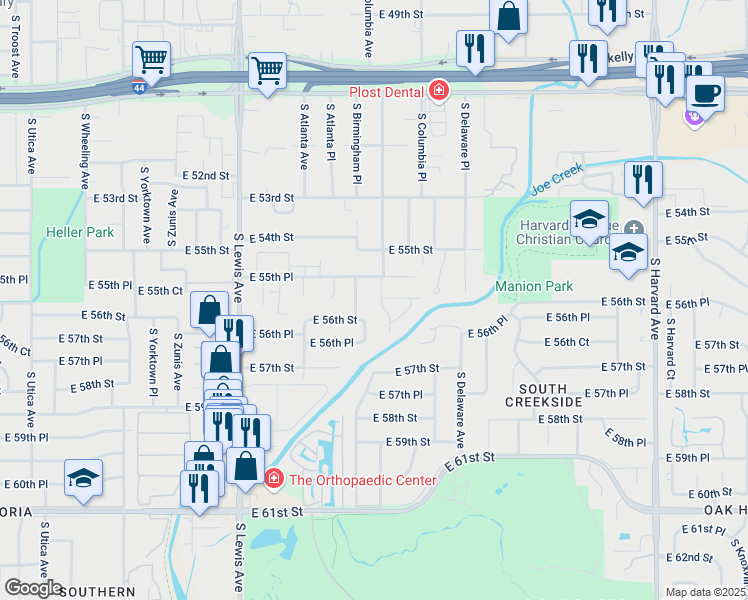 map of restaurants, bars, coffee shops, grocery stores, and more near 5610 South Columbia Avenue in Tulsa