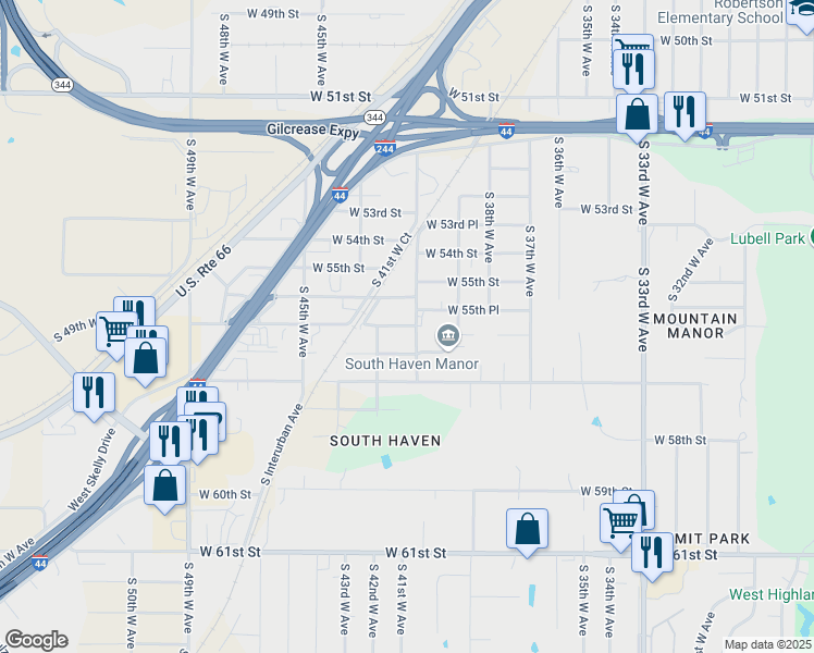 map of restaurants, bars, coffee shops, grocery stores, and more near 4132 West 56th Street in Tulsa