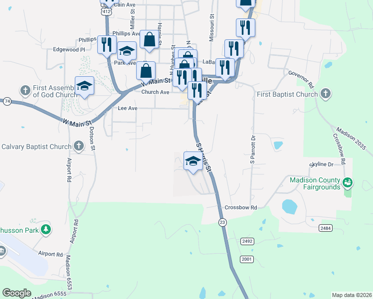 map of restaurants, bars, coffee shops, grocery stores, and more near 502 Madison Street in Huntsville