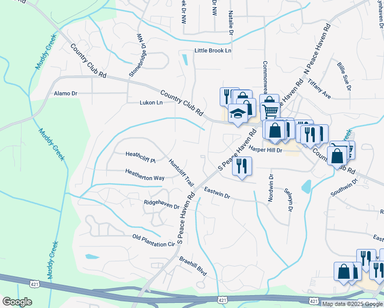 map of restaurants, bars, coffee shops, grocery stores, and more near 183 Heatherton Way in Winston-Salem