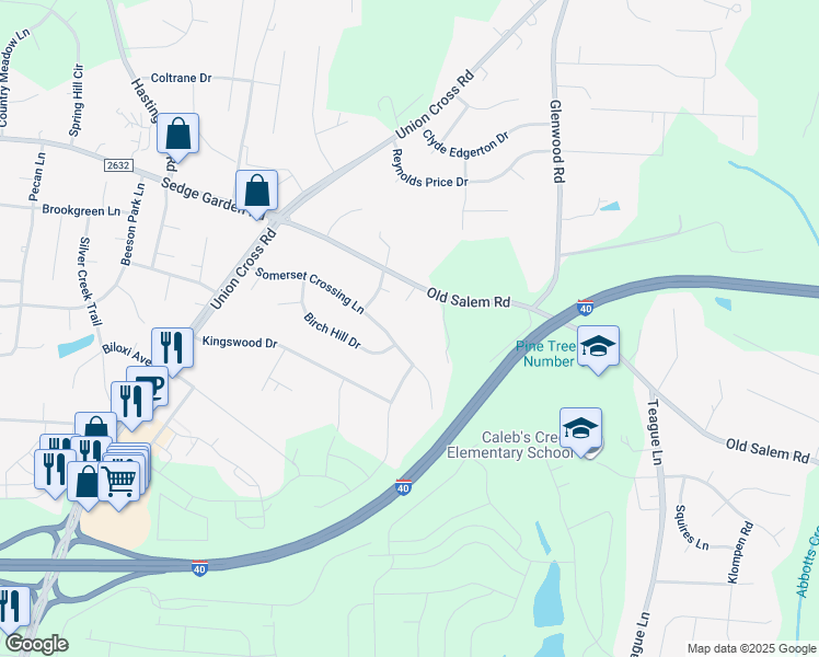 map of restaurants, bars, coffee shops, grocery stores, and more near Old Salem Road in Winston-Salem