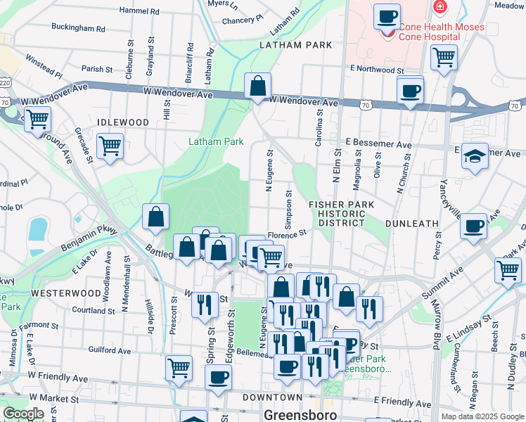 map of restaurants, bars, coffee shops, grocery stores, and more near 817 North Eugene Street in Greensboro