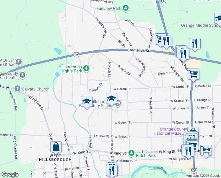map of restaurants, bars, coffee shops, grocery stores, and more near 525 North Nash Street in Hillsborough