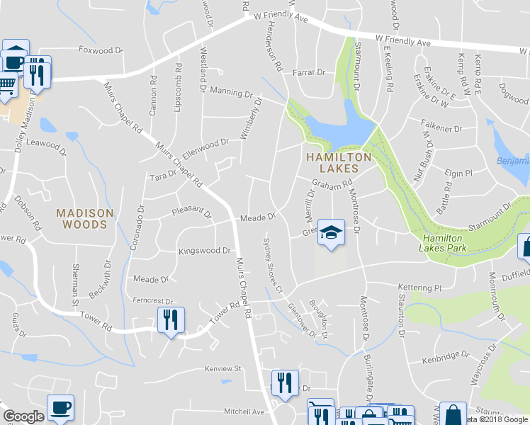 map of restaurants, bars, coffee shops, grocery stores, and more near 911 Meade Drive in Greensboro