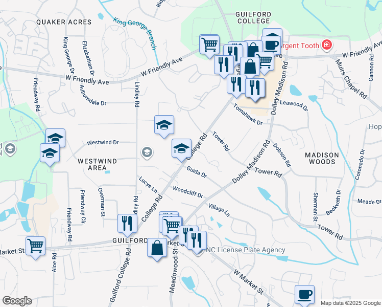 map of restaurants, bars, coffee shops, grocery stores, and more near 407 College Road in Greensboro