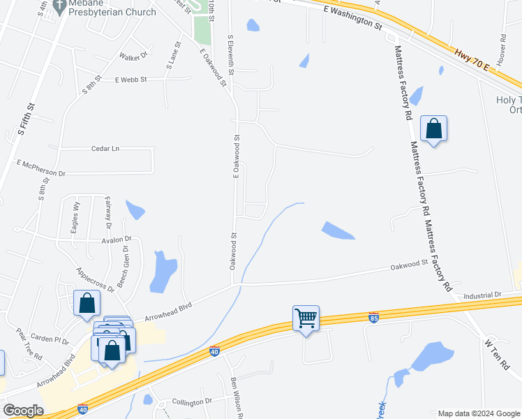 map of restaurants, bars, coffee shops, grocery stores, and more near 1039 Abbott Street in Mebane