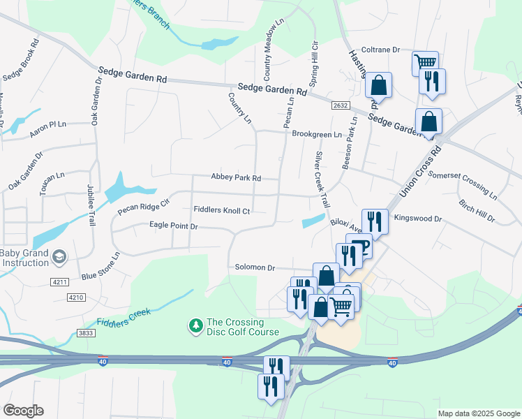 map of restaurants, bars, coffee shops, grocery stores, and more near 113 Fiddlers Knoll Court in Kernersville