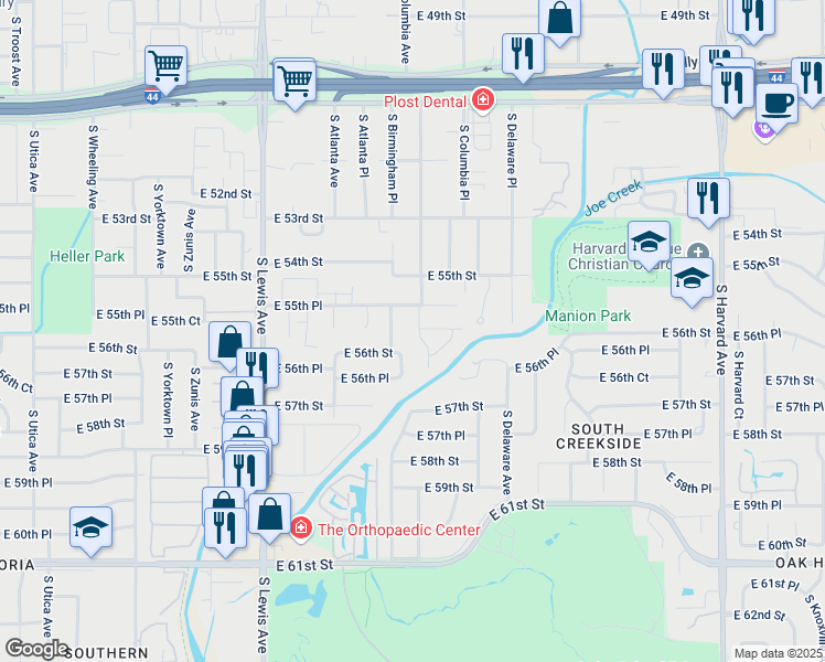 map of restaurants, bars, coffee shops, grocery stores, and more near 5610 South Columbia Avenue in Tulsa