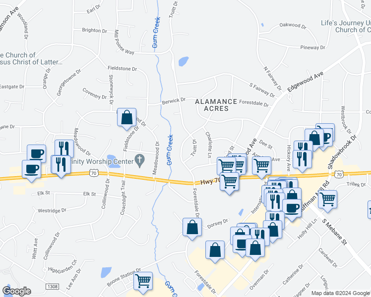 map of restaurants, bars, coffee shops, grocery stores, and more near 3120 Forestdale Drive in Burlington