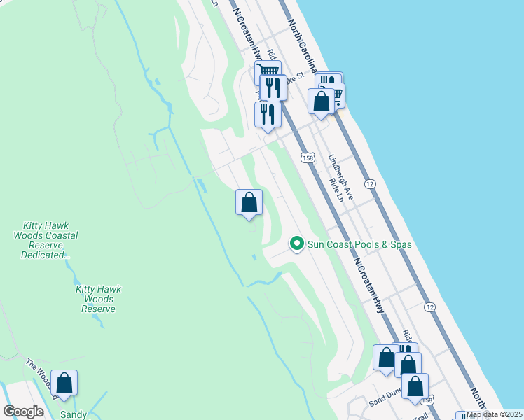 map of restaurants, bars, coffee shops, grocery stores, and more near 4537 Hilltop Lane in Kitty Hawk