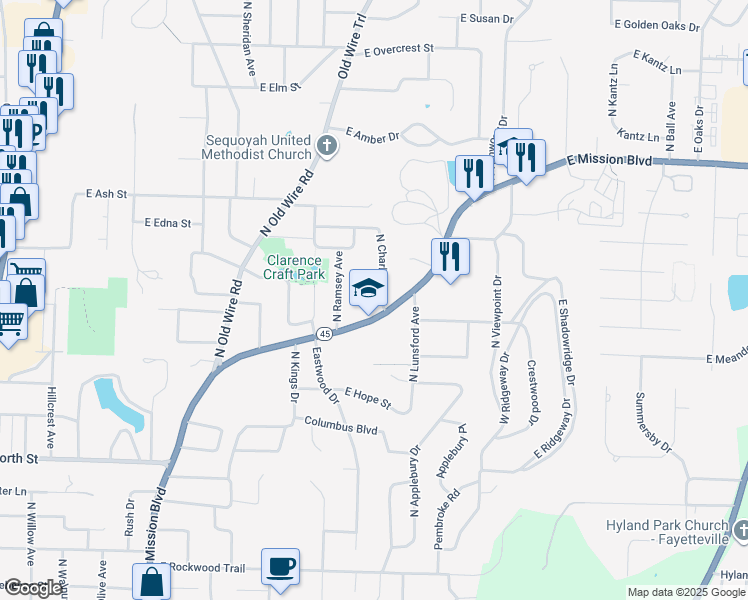 map of restaurants, bars, coffee shops, grocery stores, and more near 1621 North Charlee Avenue in Fayetteville