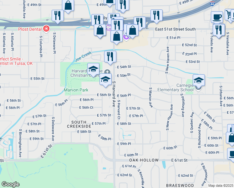 map of restaurants, bars, coffee shops, grocery stores, and more near 3305 East 56th Place in Tulsa