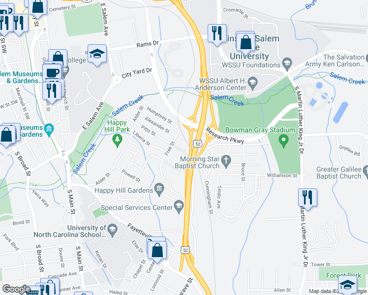 map of restaurants, bars, coffee shops, grocery stores, and more near 819 Pitts Street in Winston-Salem