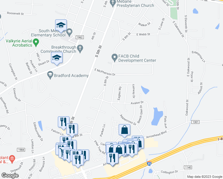 map of restaurants, bars, coffee shops, grocery stores, and more near 416 Fairway Drive in Mebane