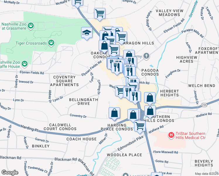 map of restaurants, bars, coffee shops, grocery stores, and more near 441 Welshwood Drive in Nashville