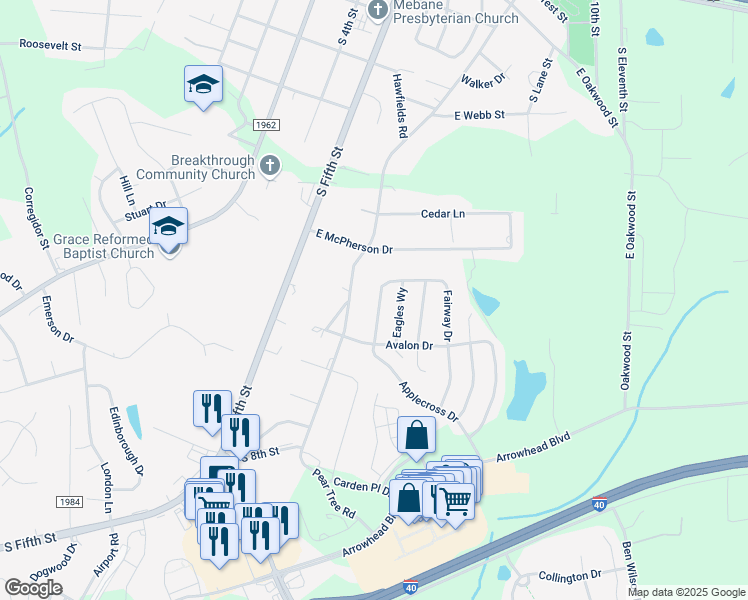 map of restaurants, bars, coffee shops, grocery stores, and more near 416 Fairway Drive in Mebane