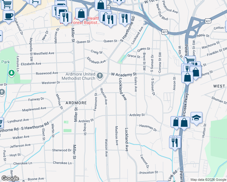 map of restaurants, bars, coffee shops, grocery stores, and more near 1921 Gaston Street in Winston-Salem