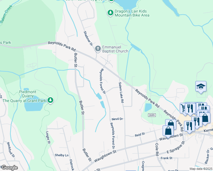 map of restaurants, bars, coffee shops, grocery stores, and more near 2714 Reynolds Forest Court in Winston-Salem